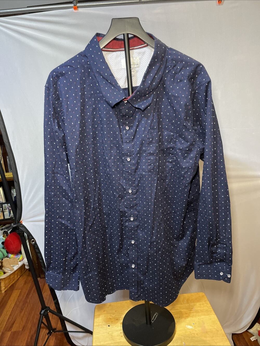 Craft + Flow Shirt Mens 2XL XXL Long Sleeve Button Up Pocket Polka Dot Blue